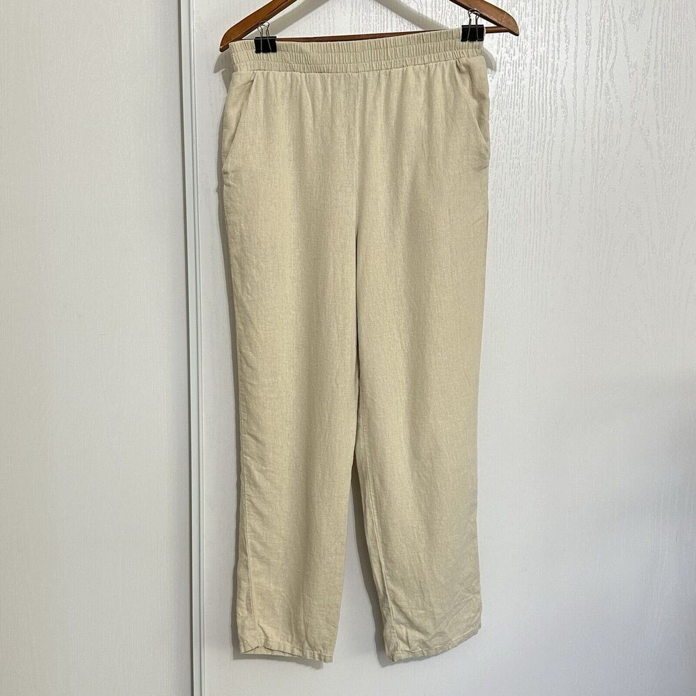 Forever 21 Womens Linen Blend Beachy Elastic Waist Jogger Pants Beige Sz Lg